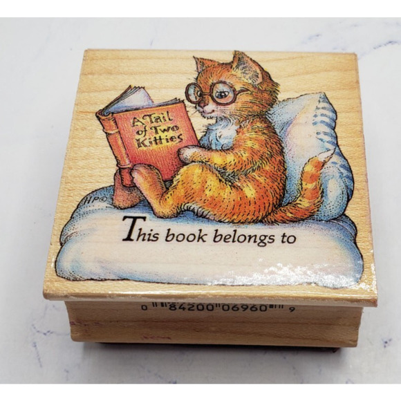 All Night Media Cozy Cat Reading This Book Belongs To Wood Mounted Rubber Stamp - Picture 1 of 7